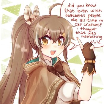 1girl ahoge arm_up bow bowtie bracelet brown_cloak brown_eyes cloak commentary english_commentary english_text feather_hair_ornament feathers gloves hair_between_eyes hair_ornament hairpin hololive hololive_english hood hooded_cloak jewelry kataro light_blush long_hair multicolored_hair nanashi_mumei nanashi_mumei_(1st_costume) open_mouth partially_fingerless_gloves ponytail solo speech_bubble streaked_hair tails_gets_trolled teeth upper_teeth_only virtual_youtuber