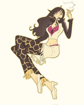 1girl aged_down black_hair cigarette commentary drw_hrvnj eyelashes full_body highres holding holding_cigarette long_hair midriff navel one_piece pants shakuyaku_(one_piece) shoes simple_background smoke solo white_background white_shoes