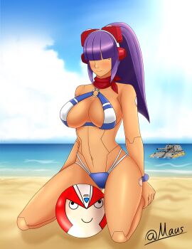 1girl absurdres android bikini breasts dark-skinned_female dark_skin hair_over_eyes highres kneeling large_breasts layer_(mega_man) long_hair mausartist mega_man_(series) mega_man_x_(series) mole mole_under_eye navel purple_hair robot smile swimsuit thighs wide_hips
