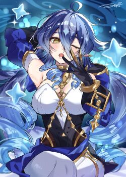 1girl arm_up black_gloves blue_hair blue_hood blue_skirt blue_sleeves blush breasts claw_ring commentary_request detached_sleeves drill_hair drill_sidelocks genshin_impact gloves hair_between_eyes highres hood hood_down jewelry large_breasts layla_(genshin_impact) looking_at_viewer neck_ring odyuk1o22 one_eye_closed open_mouth pantyhose pointy_ears sidelocks sitting skirt solo twin_drills white_pantyhose yawning yellow_eyes