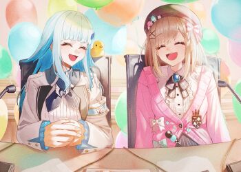 2girls :d ^_^ aqua_bow armband balloon beret bird black_bow black_bowtie blue_armband blue_hair blue_neckerchief blush bow bowtie brooch brown_hair brown_hat cardigan center_frills chair closed_eyes collared_shirt collared_shrug colored_inner_hair commentary_request desk doidamon frilled_sleeves frills hair_bow hair_ornament hairpin hat highres jewelry lize_helesta lize_helesta_(1st_costume) long_hair long_sidelocks long_sleeves microphone multicolored_hair multiple_girls multiple_hairpins neckerchief nijisanji on_chair open_mouth own_hands_together pink_bow pink_cardigan ribbed_shirt sebastian_piyodore shirt shrug_(clothing) side-by-side sidelocks sitting smile suzuhara_lulu suzuhara_lulu_(1st_costume) two-tone_hair virtual_youtuber white_bow white_hair white_shirt x_hair_ornament yellow_bird