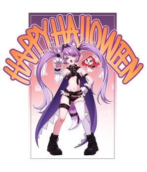 1girl absurdres ahoge animal_collar animal_ears animal_hands arm_belt bandaid bandaid_on_cheek bandaid_on_face belt belt_buckle black_belt black_boots black_collar black_panties blue_eyes boots border bright_pupils buckle byeolgeule cape collar commentary creature english_commentary fang fox_ears fox_girl fox_tail full_body gloves gradient_background hair_ears halloween hand_up happy_halloween hashtag-only_commentary heterochromia highres hood hooded_cape inari_(tenko_shibuki) legs_apart long_hair navel no_pants no_shirt open_mouth orange_eyes panties paw_gloves purple_cape purple_hair red_cape revealing_clothes shoulder_belt single_thighhigh smile smug solo spiked_collar spikes standing stellive stomach straight-on swept_bangs tail tail_belt tenko_shibuki thigh_belt thigh_strap thighhighs twintails underwear very_long_hair virtual_youtuber white_border white_pupils white_thighhighs