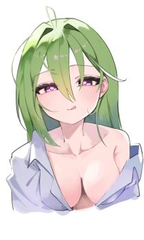 1girl absurdres ahoge breasts choppy_bangs closed_mouth collarbone commentary_request cropped_torso green_hair grey_shirt hair_between_eyes hair_intakes highres korean_commentary large_breasts light_blush long_bangs long_hair looking_at_viewer no_bra open_clothes open_shirt pink_eyes pink_pupils renibou shirt simple_background single_off_shoulder solo stellive tongue tongue_out virtual_youtuber white_background yuzuha_riko