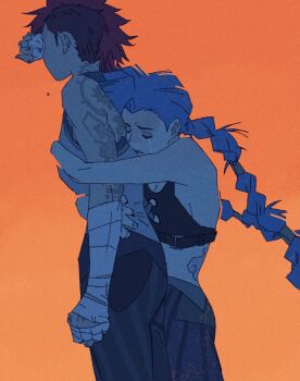 2girls arcane:_league_of_legends arcane_jinx arcane_vi arm_at_side arm_tattoo back_tattoo bandaged_hand bandages black_pants braid clenched_hand clenched_teeth closed_eyes covering_own_eyes crying hand_up highres hug hug_from_behind jinx_(league_of_legends) league_of_legends long_hair mohawk multiple_girls orange_background pants red_hair runhorserun shirt short_hair siblings simple_background sisters sleeveless sleeveless_shirt tattoo teeth twin_braids undercut vi_(league_of_legends) white_shirt