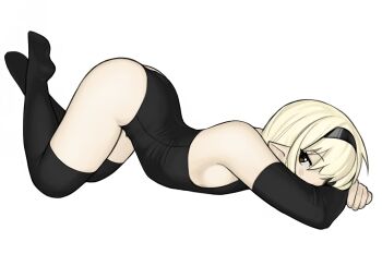 1girl ass bare_shoulders black_gloves black_hairband black_leotard black_thighhighs blonde_hair breasts brown_eyes covered_mouth elbow_gloves feet_up from_side gloves hairband highres hira_(yirtios) leotard looking_at_viewer lying original pale_skin pointy_ears sideboob simple_background solo thighhighs top-down_bottom-up white_background yirtios