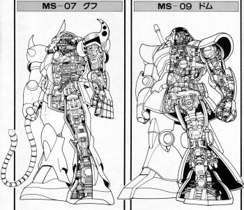 Rule 34 | 1970s (style), 1980s (style), artist request, beam cannon, cable, character name, cross-section, dom (mobile suit), exposed internal machinery, finger cannon, gouf, greyscale, gun, gundam, lineart, machine gun, magazine scan, mecha, mecha focus, mobile suit, mobile suit gundam, monochrome, no humans, official art, oldschool, production art, retro artstyle, robot, scan, science fiction, shoulder spikes, spikes, thrusters, traditional media, weapon, zeon