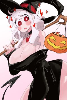 1girl absurdres black_hat black_horns blush breasts candy demon_girl demon_horns demon_tail dress food halloween halloween_costume hat hat_belt heart heart-shaped_pupils helltaker highres holding horns jack-o&#039;-lantern large_breasts large_hat long_hair long_sleeves looking_at_viewer modeus_(helltaker) open_mouth pumpkin red_eyes s4_(user_ggme4322) simple_background solo staff symbol-shaped_pupils tail trick_or_treat wand white_hair witch witch_hat