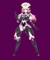 Rule 34 | 1girl, absurdres, blue eyes, bodysuit, breasts, covered nipples, digitigrade, exoskeleton, full body, highres, jian xuanyuan, large breasts, latex, long hair, looking at viewer, low twintails, mask, mecha musume, mechanical arms, mechanical legs, mouth mask, original, pink hair, purple background, second-party source, shiny clothes, skin tight, solo, standing, stealth bondage, twintails, variant set