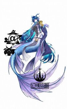 absurdres armor black_flower blue_hat blue_skin blue_sleeves blue_tail blush breasts cleavage colored_skin commentary_request covered_erect_nipples detached_sleeves dragon_horns eastern_dragon_horns finger_to_cheek fins flower fox full_body genkyopainting gills hair_between_eyes hat head_fins highres horns kneeless_mermaid large_breasts looking_at_viewer mermaid monster_girl navel original pelvic_curtain red_eyes scales see-through_clothes shoulder_armor sidelocks signature simple_background smile watermark webbed_hands white_background white_flower wide_sleeves witch_hat