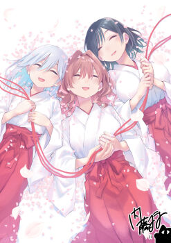 3girls amagami-san_chi_no_enmusubi amagami_asahi amagami_yae amagami_yuna black_hair blue_hair breasts closed_eyes commentary_request hakama hakama_skirt highres holding holding_string japanese_clothes large_breasts lying marcey miko multiple_girls official_alternate_hair_length official_alternate_hairstyle on_back open_mouth pink_petals red_hair red_hakama short_hair siblings signature sisters skirt smile string white_background white_kosode