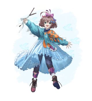 1girl :d ahoge ankle_boots arm_up blue_bow blue_dress blue_eyes blue_pants blue_scarf blue_sweater boots bow brown_boots brown_hair collared_dress dress flutterpage full_body hair_between_eyes hair_bow highres holding holding_rod long_dress looking_at_viewer mmihpyy multiple_hair_bows open_mouth orange_scarf pants pants_under_dress pink_bow red_bow reverse:1999 rod scarf short_hair smile solo standing sweater two-tone_scarf white_background