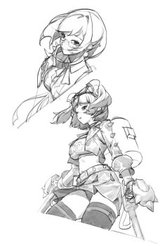 Rule 34 | 2girls, absurdres, bdaddee2024, burnice white, closed mouth, eyewear on head, fingerless gloves, flamethrower, floating hair, glasses, gloves, greyscale, hair between eyes, highres, holding, holding flamethrower, holding weapon, jacket, light smile, long hair, looking at viewer, monochrome, multiple girls, open clothes, open jacket, parted lips, sidelocks, simple background, sketch, skirt, spiked belt, sunglasses, thighhighs, tsukishiro yanagi, weapon, white background, zenless zone zero