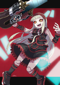 Rule 34 | 1girl, absurdres, black boots, black dress, blonde hair, boots, boxcutter, colored sclera, commentary request, detached sleeves, doll, doll joints, dress, duel masters, frilled dress, frilled hairband, frills, hairband, highres, holding, holding weapon, jenny (duel masters), joints, letterboxed, long hair, multicolored dress, nankou (koutanan), open mouth, outside border, red dress, red sclera, sharp teeth, signature, solo, teeth, weapon, yellow eyes