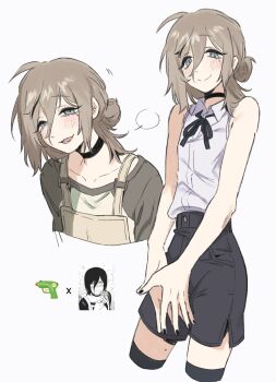 1boy black_thighhighs brown_hair chainsaw_man collared_shirt commentary cosplay cropped_legs crossdressing crossdressing_(mtf) grey_eyes hair_between_eyes hair_bun highres kanae_(nijisanji) looking_at_viewer male_focus mole mole_under_eye multiple_views nail_polish nijisanji reze_(chainsaw_man) reze_(chainsaw_man)_(cosplay) shirt shorts side_slit side_slit_shorts simple_background sleeveless sleeveless_shirt smile sp1nosaur symbol-only_commentary thighhighs trap virtual_youtuber white_background white_shirt zettai_ryouiki