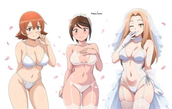 Rule 34 | 3girls, aged up, alexkonakona, artist name, bra, breasts, bridal veil, brown eyes, brown hair, cameltoe, closed mouth, commentary, digimon, digimon adventure tri., english commentary, gloves, highres, long hair, looking at viewer, medium breasts, multiple girls, navel, one eye closed, paid reward available, panties, petals, pink petals, short hair, smile, split mouth, tachikawa mimi, takenouchi sora, underwear, veil, white background, white bra, white gloves, yagami hikari