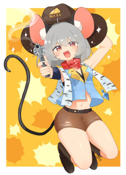 1girl :3 absurdres aiming aiming_at_viewer animal_ear_fluff animal_ears arm_up belt blue_vest blush boots brown_belt brown_boots brown_hat brown_shorts commentary_request commission cowboy cowboy_hat edamanecha glint grey_hair gun handgun hat highres holding holding_gun holding_weapon jewelry lace-up_boots looking_at_viewer midriff_peek mouse_ears mouse_girl mouse_tail navel nazrin necklace open_mouth pendant red_eyes shorts skeb_commission smile smoke solo tail thick_thighs thighs torn_clothes torn_shorts touhou vest weapon western yellow_background