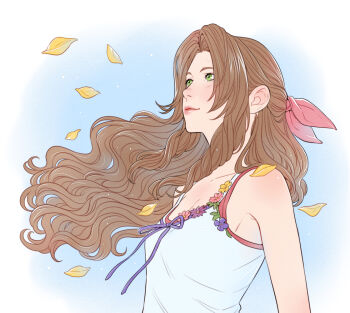 Rule 34 | 1girl, aerith gainsborough, breasts, brown hair, closed mouth, commentary, crisis core: final fantasy vii, crylin6, dress, final fantasy, final fantasy vii, green eyes, hair ribbon, long hair, looking up, pink ribbon, ribbon, simple background, sleeveless, sleeveless dress, small breasts, smile, solo, symbol-only commentary, upper body, white dress