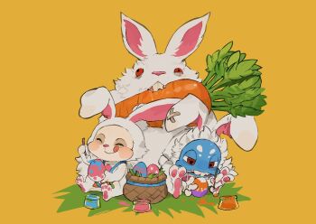 2boys :q animal animal_costume animal_ears basket blue_skin blush_stickers rabbit rabbit_costume carrot colored_skin cottontail_fizz cottontail_teemo egg closed_eyes fake_animal_ears fish_boy fizz_(league_of_legends) ghostgrass holding league_of_legends male_focus multiple_boys open_mouth orange_background oversized_animal paintbrush rabbit_ears red_eyes simple_background sitting smile teemo teeth tongue tongue_out yordle