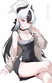 1girl absurdres black_bow black_choker black_dress black_hair black_horns blue_archive bow breasts brown_jacket choker cleavage commentary crossed_legs demon_horns dress ear_piercing groin hair_between_eyes halo highres horns jacket kayoko_(blue_archive) kayoko_(dress)_(blue_archive) long_hair looking_at_viewer medium_breasts multicolored_hair official_alternate_costume parted_lips piercing red_eyes shinba233 simple_background sitting solo twitter_username two-tone_hair white_background white_hair