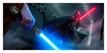 2boys black_cape black_helmet blue_lightsaber border cape darth_vader energy_sword helmet hernan_carracedo highres holding holding_sword holding_weapon lightsaber multiple_boys outside_border star_wars star_wars:_a_new_hope sword weapon white_border