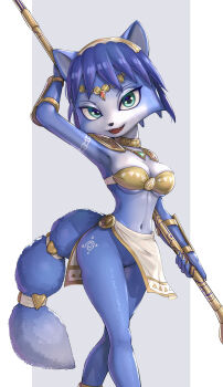 1girl animal_ears aqua_eyes arm_tattoo arm_up armor armpits bikini_armor blue_hair breasts circlet cleavage clothes_lift fangs fox_ears fox_girl fox_tail furry furry_female gonzarez highres holding holding_staff holding_weapon jewelry krystal leg_tattoo loincloth loincloth_lift medium_breasts navel neck_ring necklace nintendo shoulder_armor smile snout staff star_fox tail tattoo vambraces weapon