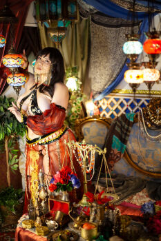 1girl asian belly belly_dancer black_hair breasts chouzuki_maryou cleavage highres large_breasts lipstick makeup photo_(medium) plump solo thick_thighs thighs underboob