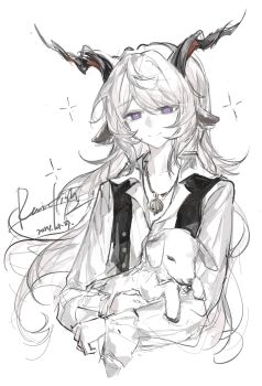1boy androgynous animal animal_ears arknights baby_animal collarbone collared_shirt dated dress_shirt goat_boy goat_ears goat_horns gold_necklace greyscale hair_intakes highres holding holding_animal horns jewelry kreide_(arknights) lamb looking_at_viewer male_focus monochrome necklace partially_unbuttoned purple_eyes rainfish sheep shirt signature simple_background smile solo spot_color straight-on
