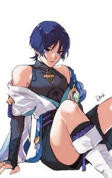 Rule 34 | 1boy, artist name, bare shoulders, black shirt, black shorts, blue eyes, blue hair, blunt ends, genshin impact, highres, japanese clothes, jewelry, korean commentary, looking at viewer, male focus, necklace, no headwear, off shoulder, parted lips, scaramouche (genshin impact), shirt, short hair, short sleeves, shorts, simple background, sitting, sleeveless, sleeveless shirt, socks, solo, to dot , vision (genshin impact), wanderer (genshin impact), white background