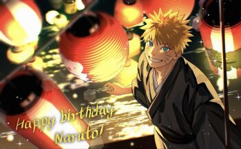 1boy bagyuli271 black_kimono blonde_hair blue_eyes character_name facial_mark from_above grin happy_birthday highres japanese_clothes kimono lantern lantern_festival male_focus naruto_(series) short_hair sky_lantern smile solo spiked_hair teeth uzumaki_naruto whisker_markings