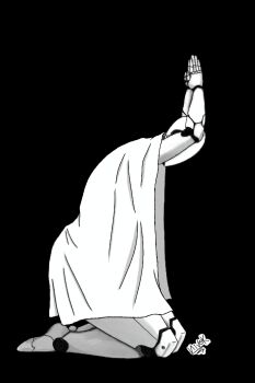 Rule 34 | androgynous, android, arms up, black background, blanket, faceless, from side, full body, greyscale, head bowed, highres, joints, kevio nivek, kneeling, monochrome, no humans, non-web source, original, praying, robot, robot joints, science fiction, signature, simple background, solo, thick thighs, thighs