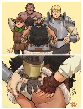 4boys absurdres armor ass bara beard black_hair blonde_hair chilchuck_tims commentary dungeon_meshi english_commentary facial_hair fake_horns grabbing_another&#039;s_ass groping helmet highres horned_helmet horns laios_touden long_beard male_underwear multiple_boys mustache orc saisio senshi_(dungeon_meshi) short_hair underwear yaoi zon_(dungeon_meshi)
