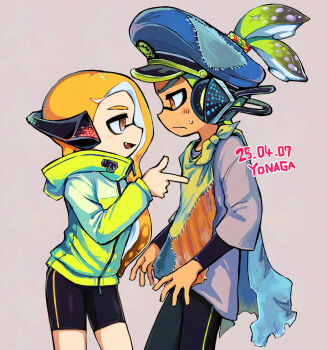 1boy 1girl agent_3_(splatoon) agent_4_(splatoon) artist_name behind-the-head_headphones bike_shorts black_shorts blue_hat brown_eyes closed_mouth commentary_request dark-skinned_male dark_skin dated fangs from_side green_hair green_jacket grey_background grey_shirt hair_ornament hair_scrunchie hair_through_headwear hat headphones highres hood hood_down hooded_jacket inkling jacket layered_sleeves long_hair long_sleeves looking_at_another multicolored_scrunchie nintendo open_mouth orange_eyes orange_hair patchwork_clothes peaked_cap pointing pointing_at_another scrunchie shirt short_over_long_sleeves short_sleeves shorts smile splatoon_(series) splatoon_3 sweat tentacle_hair topknot v-shaped_eyebrows yonaga_story