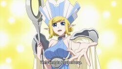 Rule 34 | 1girl, animated, anime screenshot, annette (isekai shikkaku), bare shoulders, blonde hair, blue dress, blue eyes, bouncing breasts, breasts, collarbone, dress, elf, hat, highres, isekai shikkaku, large breasts, looking at viewer, pointy ears, reaching, reaching towards viewer, short hair, shoulder plates, sideboob, sidelocks, sleeveless, sleeveless dress, sound, tagme, video