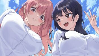 2girls absurdres black_hair blush boku_no_kokoro_no_yabai_yatsu breasts brown_eyes collared_shirt commentary_request crossover from_below highres hyakusyo69 inui_shinju large_breasts long_hair looking_at_another looking_at_viewer looking_down multiple_girls pink_eyes pink_hair pout shirt sky sono_bisque_doll_wa_koi_wo_suru v v-shaped_eyebrows voice_actor_connection white_shirt yamada_anna youmiya_hina