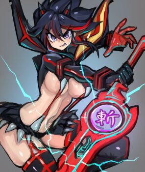 1girl areola_slip black_hair black_thighhighs breasts cowboy_shot crop_top dakusuta electricity grey_background highres holding holding_sword holding_weapon kill_la_kill large_breasts matoi_ryuuko medium_hair monado multicolored_hair red_hair revealing_clothes simple_background solo spiked_hair streaked_hair sword thighhighs two-tone_hair weapon xenoblade_chronicles_(series) xenoblade_chronicles_1