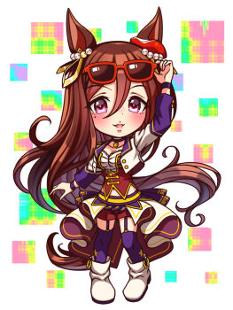 1girl animal_ears blush bodice boots breasts brown_hair chibi chibi_only choker collarbone commentary_request corset cropped_jacket ear_scrunchie eyewear_on_head full_body garter_straps hair_between_eyes hair_ornament highres horse_ears horse_girl horse_tail jacket large_breasts long_hair long_sleeves looking_at_viewer midriff_peek navel overskirt parted_lips pendant_choker purple_choker purple_eyes purple_garter_straps purple_thighhighs red-framed_eyewear red_corset red_shorts seeking_the_pearl_(umamusume) shirt shorts smile solo star_(symbol) starting_future_(umamusume) sugimotty_nova sunglasses tail thighhighs umamusume white_boots white_jacket white_shirt wristband