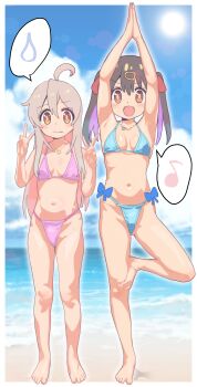 2girls absurdres ahoge barefoot beach bikini brown_eyes cloud double_v feet female_focus full_body grey_hair highres huge_filesize incredibly_absurdres loli long_hair looking_at_viewer multiple_girls onii-chan_wa_oshimai! open_mouth outdoors oyama_mahiro oyama_mihari sand siblings sister sky sl8-all smile standing swimsuit toes v