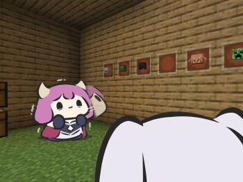 2girls aura_(sousou_no_frieren) aura_bullying_(meme) chibi commentary creeper crossover demon_girl demon_horns east-west_crossover enderman english_commentary frieren game_screenshot_background highres horns impending_doom minecraft mounted_skeleton multiple_girls piglin purple_hair screenshot_background skeleton_(minecraft) sousou_no_frieren superappleman white_hair worried zombie_(minecraft)