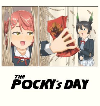 2girls black_hair black_jacket blush braid breaking_through_wall bun_with_braided_base collared_shirt colored_tips commentary dress_shirt food gradient_hair green_hair grey_sweater hair_bun hashtag-only_commentary here&#039;s_johnny!_(meme) highres holding jacket long_sleeves looking_at_viewer love_live! love_live!_nijigasaki_high_school_idol_club meme miniskirt multicolored_hair multiple_girls neck_ribbon nijigasaki_school_uniform open_clothes open_jacket open_mouth parody pink_hair plaid_clothes plaid_skirt pleated_skirt pocky pocky_day red_ribbon ribbon scared school_uniform shirt short_twintails single_side_bun skirt sweater takasaki_yu the_shining twintails uehara_ayumu white_shirt white_skirt winter_uniform yellow_eyes yukari_gohan_(yukar1bp5a)