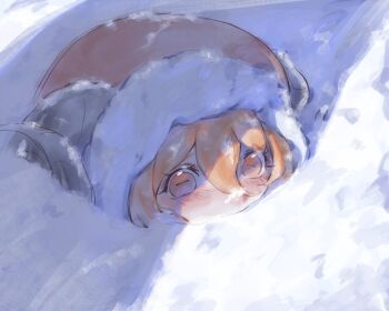 Rule 34 | 1girl, blonde hair, blush, brown hood, buried, commentary, covered mouth, don quixote (project moon), fur-trimmed hood, fur trim, hair between eyes, heishou pack-wei branch (identity) (project moon), highres, hood, horizontal pupils, horns, limbus company, milenhameow, project moon, sheep girl, sheep horns, snow, solo, symbol-only commentary, yellow eyes