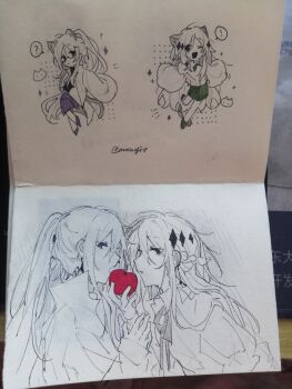 Rule 34 | !, 16personalities, 2girls, ?, absurdres, animal ears, cat ears, cat tail, full body, green eyes, green footwear, green skirt, greyscale, highres, logician (16personalities), long hair, mediator (16personalities), monochrome, mouyimouyi, multiple girls, multiple views, one eye closed, open mouth, ponytail, purple footwear, purple skirt, shirt, shoes, simple background, skirt, sleeves past fingers, sleeves past wrists, smile, sparkle, speech bubble, spot color, tail, traditional media, very long hair