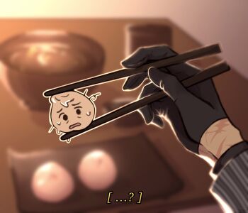 1other 9158mimo black_gloves blurry blurry_background bowl caption chopsticks depth_of_field dumpling food foodification gloves highres holding holding_chopsticks multiple_scars omniscient_reader&#039;s_viewpoint outline plate pov pov_hands scar scar_on_hand secretive_plotter solo sweatdrop table white_outline yoo_joonghyuk
