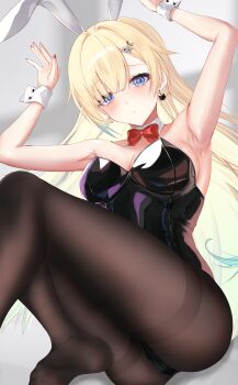 1girl absurdres aizawa_ema animal_ear_hairband animal_ears armpits black_leotard black_pantyhose blonde_hair blue_eyes bow bowtie breasts commentary detached_collar english_commentary fake_animal_ears feet_out_of_frame hairband highres kaeha large_breasts leotard long_hair lying pantyhose playboy_bunny rabbit_ears rabbit_pose red_bow red_bowtie solo strapless strapless_leotard thighband_pantyhose virtual_youtuber vspo! wrist_cuffs