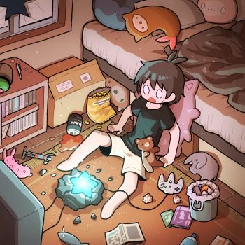 0_0 1boy antenna_hair bag_of_chips bed bedroom black_shirt blanket broken_window cactus can controller crt drink_can figure game_console game_controller highres indoors male_focus nintendo_64 nintendo_64_controller no_nose on_floor open_mouth original rug shirt shooting_star shorts sitting solo star_(symbol) stuffed_animal stuffed_elephant stuffed_toy sweatdrop t-shirt takurada teddy_bear television trash_can white_shorts window