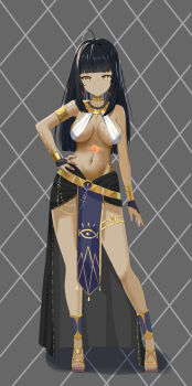 Rule 34 | 1girl, ancient egyptian clothes, black hair, breasts, dark-skinned female, dark skin, egyptian, hand on own hip, high heels, highres, jewelry, ksami, long hair, looking at viewer, medium breasts, navel, original, solo, straight-on, tagme