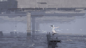 1girl absurdres airfish_(lefko_d) architecture arm_at_side arm_up blue_eyes blue_hair blunt_bangs boots closed_mouth dress floating_hair from_side harbor highres hook knee_boots ladder long_hair ocean original outstretched_arm overcast pier pleated_dress ponytail profile scenery science_fiction sky solo very_long_hair water white_boots white_dress wide_shot