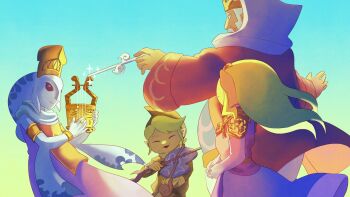 2boys 2girls absurdres armlet armor blonde_hair blue_background bracelet closed_eyes coat conductor_baton daphnes_nohansen_hyrule dress elbow_gloves fado_(wind_waker) fish_girl gloves gradient_background green_background harp highres holding holding_instrument holding_violin instrument jewelry king kokiri laruto long_hair multiple_boys multiple_girls music nasagina nintendo open_mouth pink_dress playing_instrument princess princess_zelda red_coat shoulder_armor smile the_legend_of_zelda the_legend_of_zelda:_the_wind_waker toon_zelda violin white_gloves wind_waker_(object) zora
