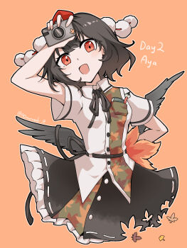 Rule 34 | 1girl, :d, aomurasaki r, arm behind back, autumn, autumn leaves, black hair, black ribbon, black skirt, black wings, blush, buttons, camera, character name, commentary, frilled skirt, frills, hat, highres, holding, holding camera, leaf, leaf print, looking at viewer, maple leaf print, neck ribbon, open mouth, orange background, red eyes, red hat, ribbon, shameimaru aya, shirt, short hair, short sleeves, skirt, smile, solo, tokin hat, touhou, twitter username, white shirt, wings