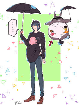 Rule 34 | ..., 1boy, 3girls, absurdres, ahoge, anya (spy x family), arrow (symbol), awarinko, bar censor, black dress, black hair, black shirt, black umbrella, brown shoes, censored, censored identity, clinging, dress, green background, grey pants, grey shoes, hair between eyes, highres, holding, holding umbrella, hug, kusakabe mei, kusakabe satsuki, long sleeves, multiple girls, orange shirt, orange shoes, outline, pants, pink hair, puffy short sleeves, puffy sleeves, red dress, shirt, shoes, short sleeves, skirt, sleeveless, sleeveless dress, spoken ellipsis, spy x family, suspender skirt, suspenders, tonari no totoro, totoro, two-tone background, umbrella, white background, white outline, white shirt, yellow shirt, yuri briar