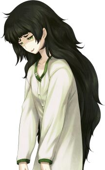 1girl blunt_bangs button_dress collar collarbone dress flat_chest forced_smile from_side game_cg green_collar green_eyes green_hair green_trim hiyajou_maho huke large_variant_set long_hair looking_ahead messy_hair no_jacket official_art open_mouth partially_shaded_face science_adventure slouching solo sprite steins;gate steins;gate_0 transparent_background variant_set very_long_hair white_dress